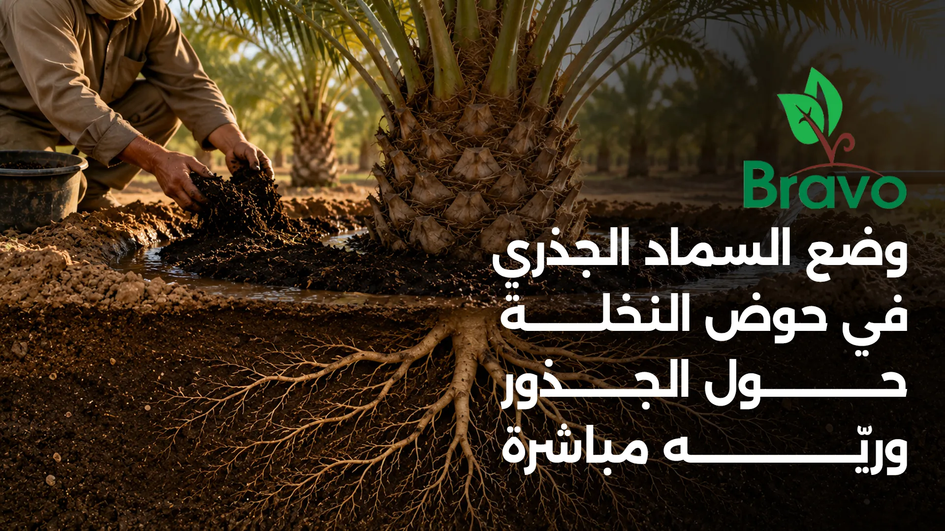 وضع السماد الجذري في حوض النخلة حول الجذور وريّه مباشرة