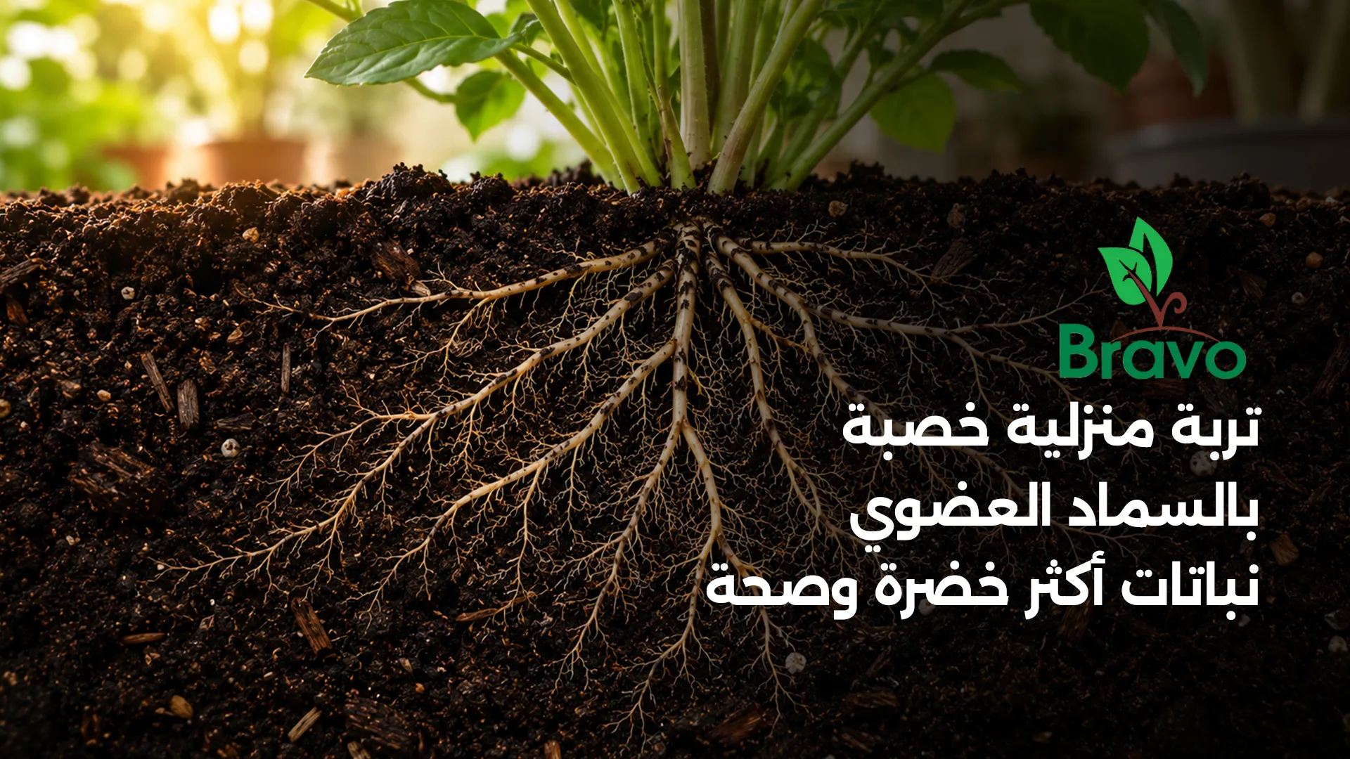 تربة منزلية خصبة بالسماد العضوي وجذور قوية لنباتات صحية